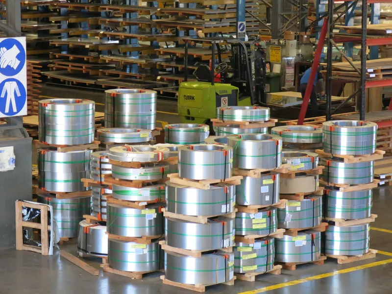 Stock de flejes de Acero Inoxidable embalados en pallets en Aperam Argentina